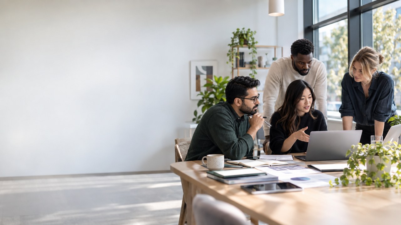 Four colleagues working together around a laptop in a bright modern office