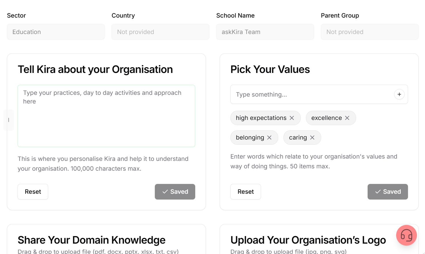 Organisation personalisation in askKira: values, ethos, key documents and logo shaping every answer