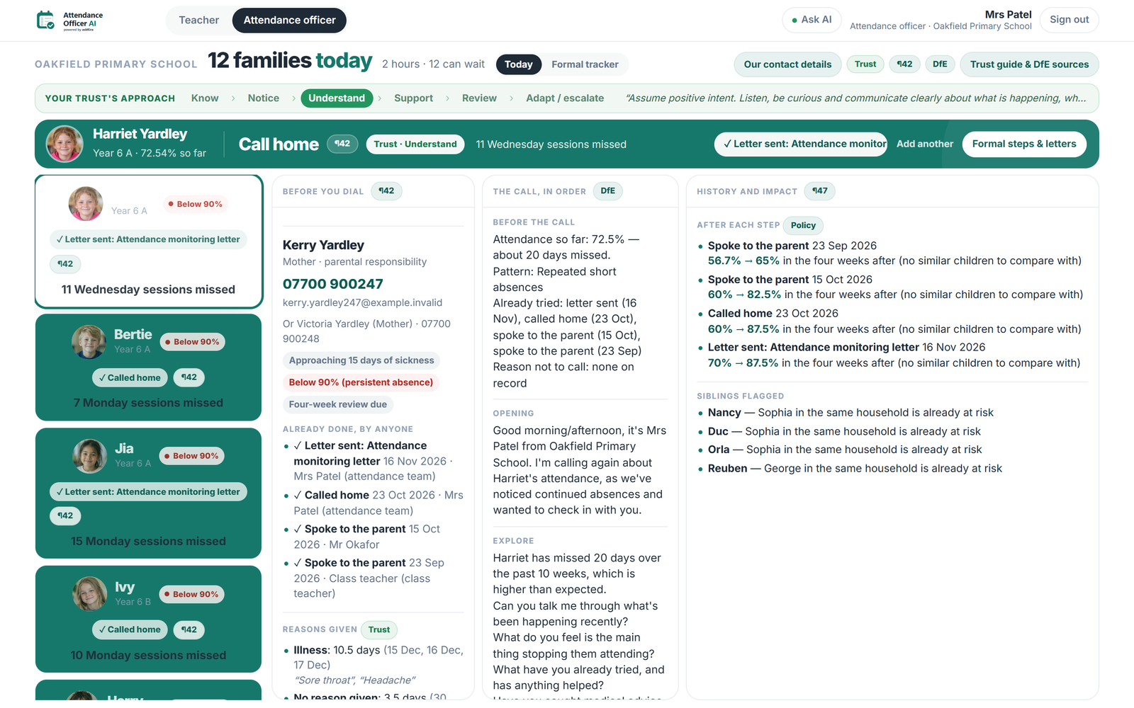 The attendance officer view: a pupil's contacts, what teachers and the attendance team have already done, the reasons given, the DfE call guidance and attendance before and after each step