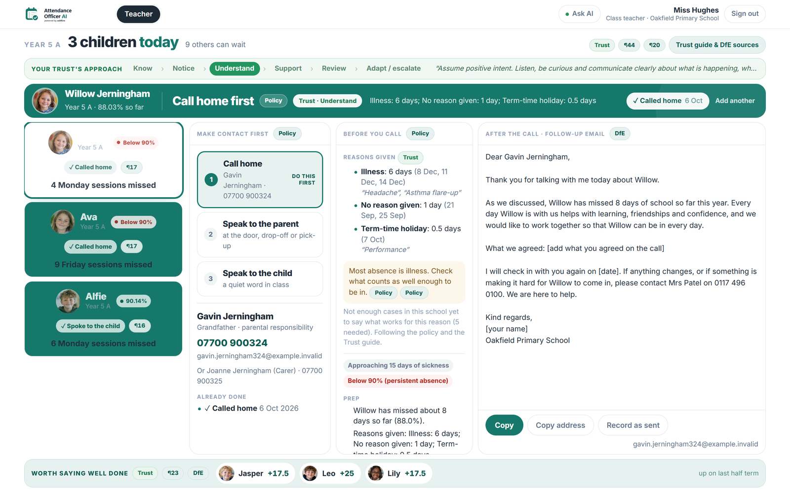 The teacher view in Attendance Officer AI: three pupils for today, the suggested first step of calling home with the parent's name and number, the reasons given for absence and an editable follow-up email