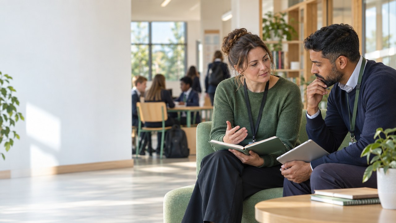 Two members of school staff talking over a notebook and a tablet in a bright school, pupils working at tables behind them