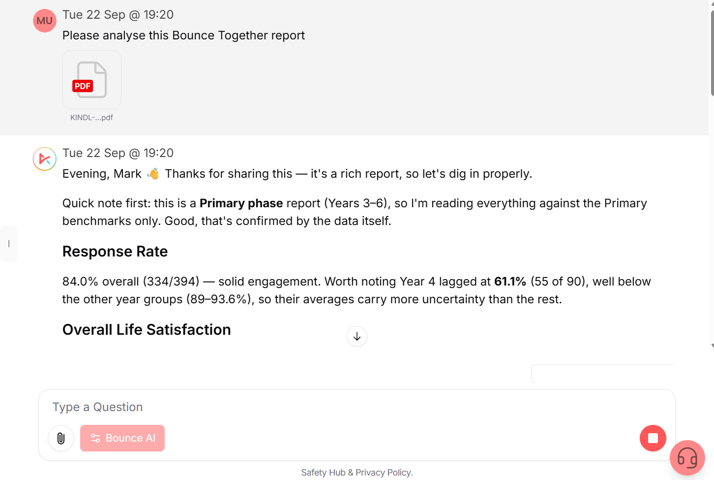 A Bounce Together PDF report handed to Bounce AI, which replies by fixing the phase it is reading against, then reporting the response rate and naming the year group whose low return makes its averages less certain