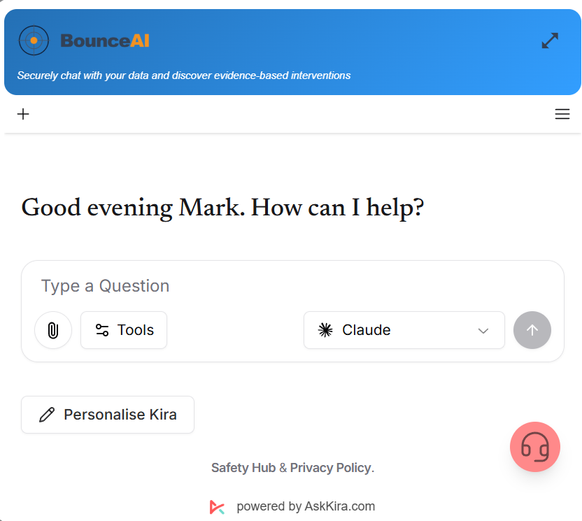 The Bounce AI workspace under Bounce's own branding, headed &lsquo;Securely chat with your data and discover evidence-based interventions&rsquo;, with a single question box open