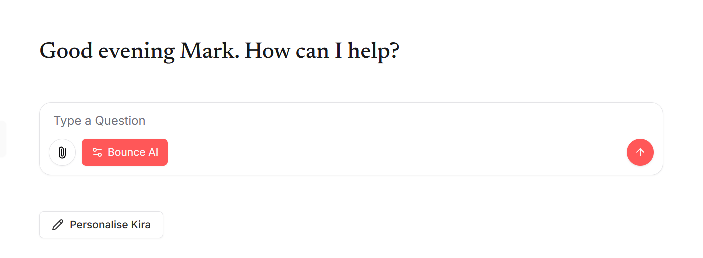 The question box with the Bounce AI tool switched on, so answers come from Bounce Forward's evidence base rather than a general web search