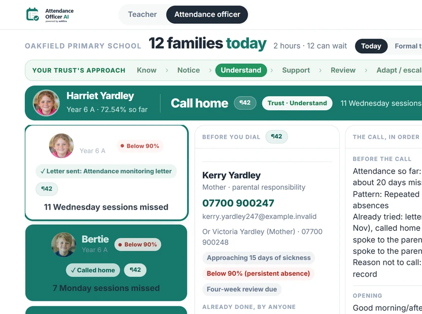 Attendance Officer AI: today's families to call, each with the reason and what has been tried
