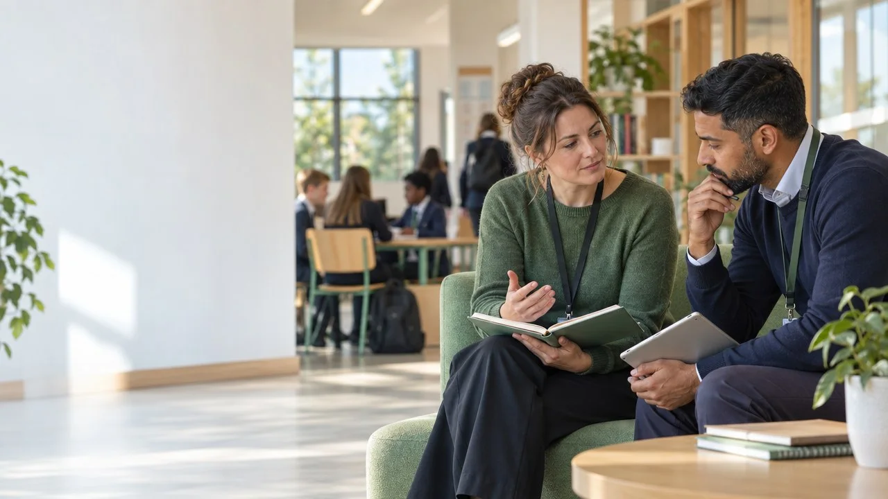 Two colleagues reviewing wellbeing findings together in a school