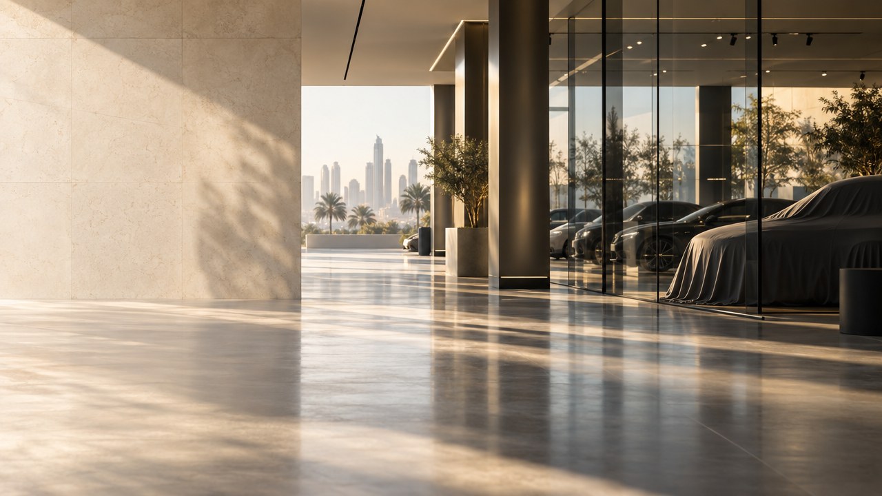 A Gulf car showroom in morning light, stone wall and polished floor, cars behind glass and a city skyline beyond