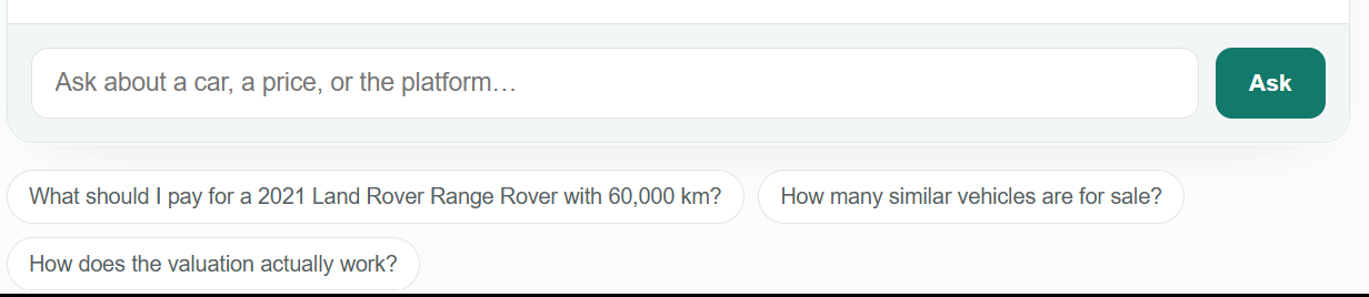 The Carmarket AI question box, with suggested questions: what should I pay for a 2021 Land Rover Range Rover with 60,000 km, how many similar vehicles are for sale, and how does the valuation actually work