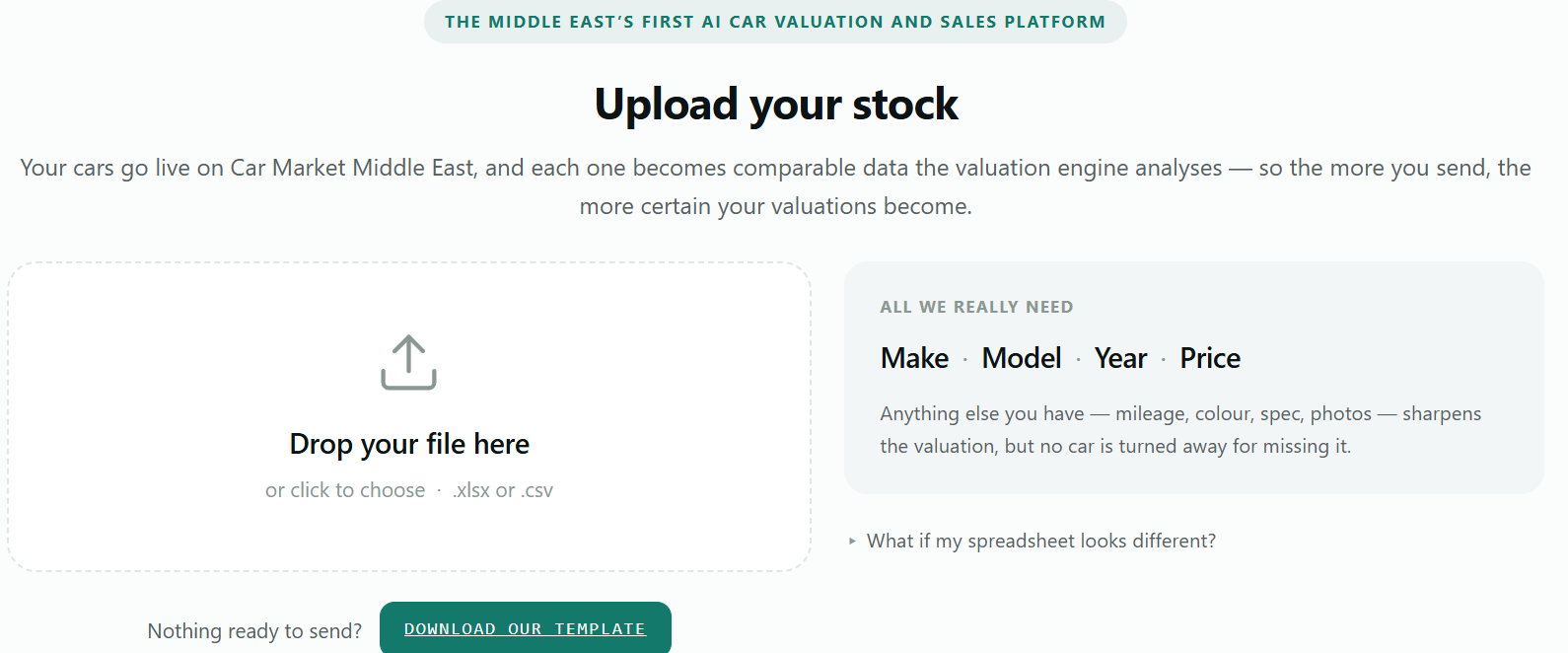 The upload screen: a drop area for an xlsx or csv file, a note that all it really needs is make, model, year and price, and a link to download a template