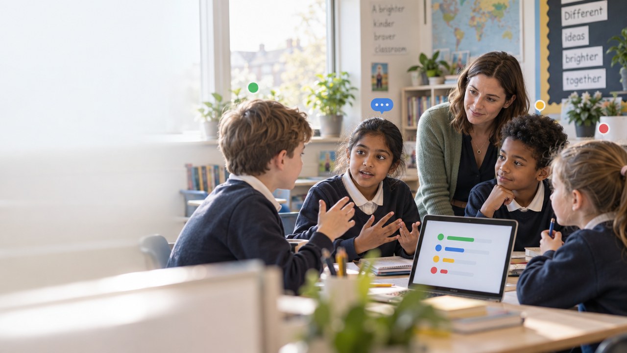 A teacher leaning into a discussion between four primary pupils, with small coloured markers showing who has contributed