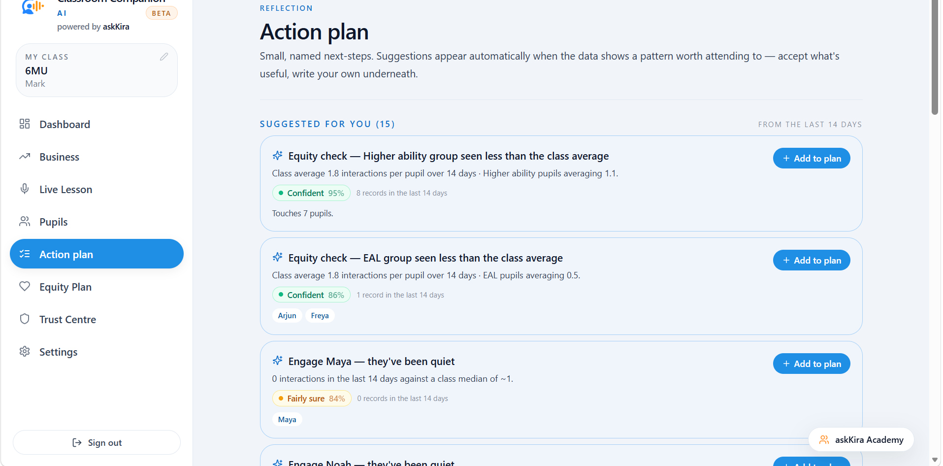 The action plan in Classroom Companion: suggested next steps, each carrying how confident it is and how many records it rests on
