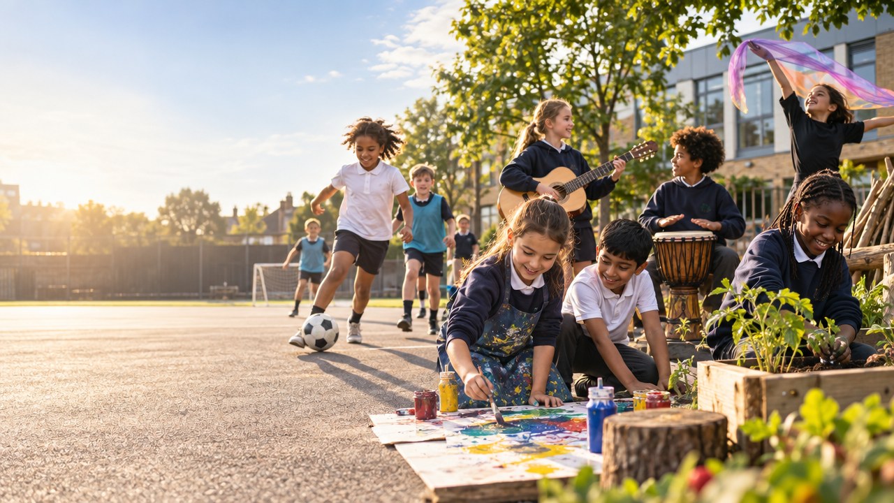 Primary school pupils in a playground: a football game, a guitar and djembe, a ribbon dance, painting on the ground and planting in raised beds