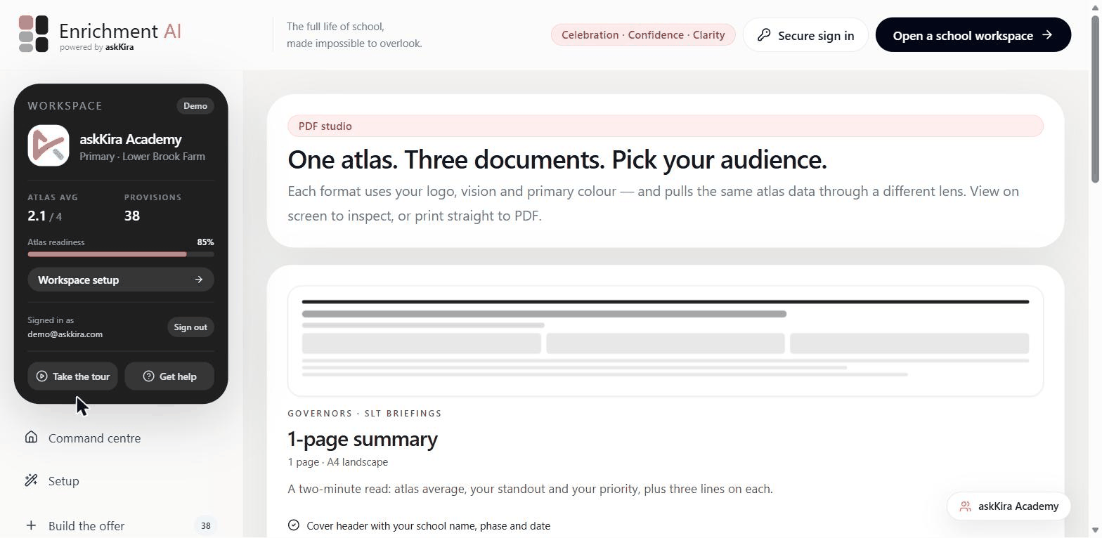 The PDF studio in Enrichment AI, producing a governor summary, a full plan and a parent-friendly version