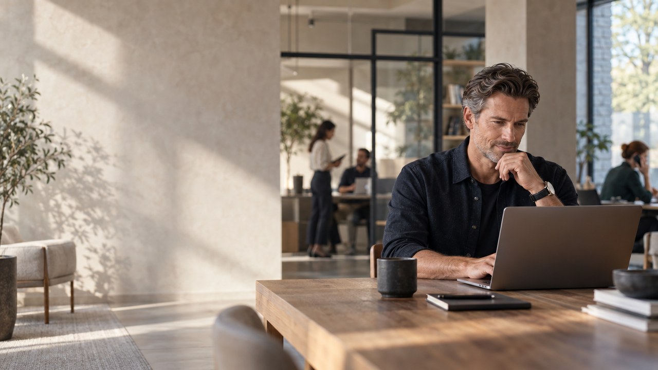 A founder working at a laptop at a timber table in a calm, modern workspace, colleagues talking in the background