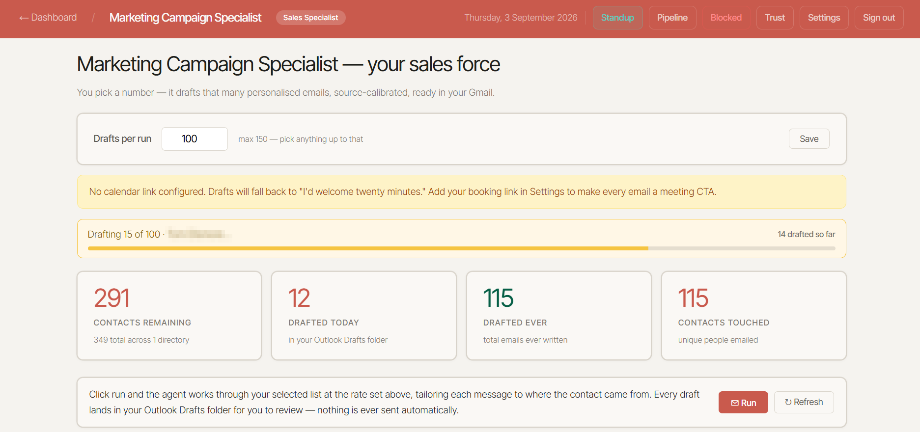 The Sales Specialist screen in FounderOS, showing drafts per run, contacts remaining, drafted today and the note that nothing is ever sent automatically