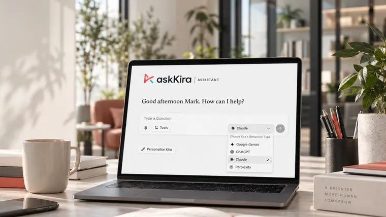 askKira Assistant open on a laptop on a bright desk, with the model list showing Google Gemini, ChatGPT, Claude and Perplexity