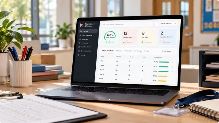 An attendance dashboard open on a laptop on a school office desk, beside a register and a lanyard