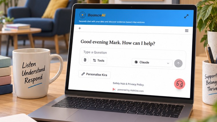 Bounce AI open on a laptop in a school wellbeing space, under Bounce&rsquo;s own branding, offering to chat securely with the school&rsquo;s data