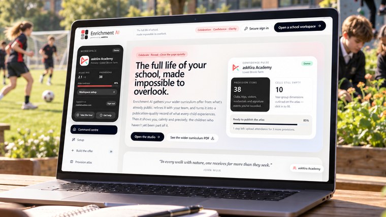 Enrichment AI open on a laptop on a school bench, showing a school&rsquo;s enrichment atlas, with children playing football and gardening behind
