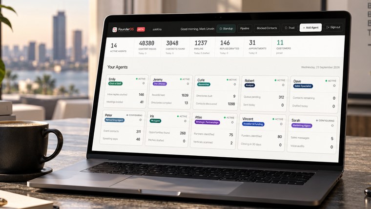 FounderOS open on a laptop at a desk overlooking a city, showing fourteen active agents and what each has produced today