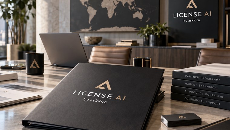 A License AI partner folder on a boardroom table, beside volumes labelled partner programme, market expansion, AI product portfolio and commercial support