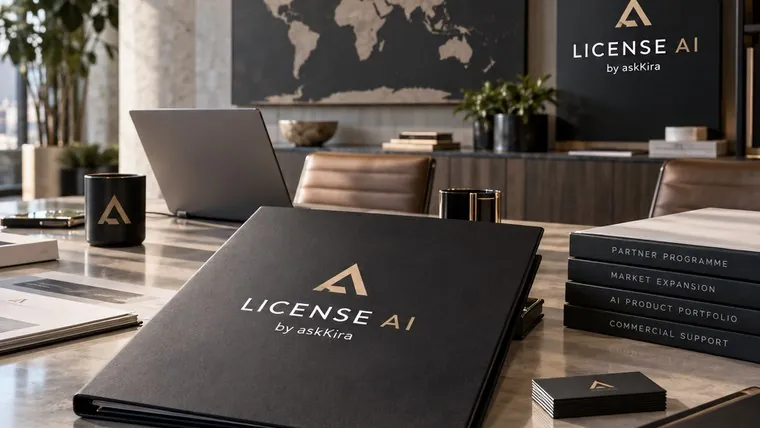 A License AI partner folder on a boardroom table, beside volumes labelled partner programme, market expansion, AI product portfolio and commercial support