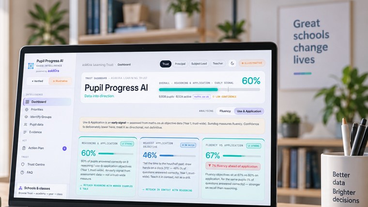Pupil Progress AI open on a laptop on a school leader&rsquo;s desk, showing a trust dashboard of reasoning and application signals