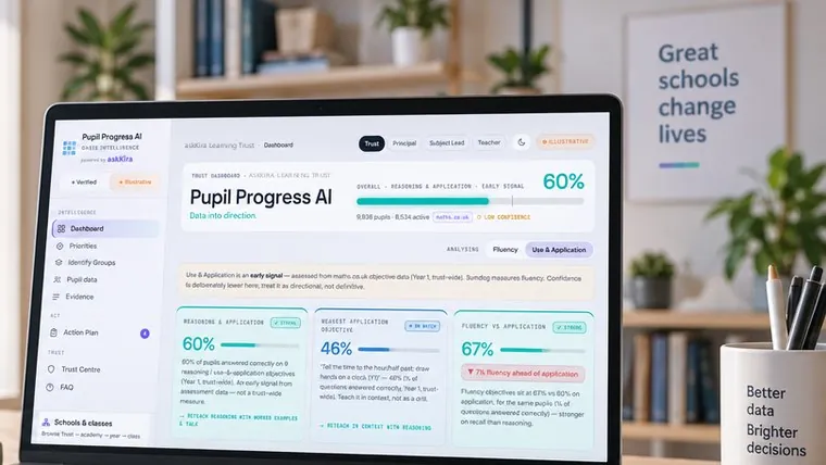 Pupil Progress AI open on a laptop on a school leader&rsquo;s desk, showing a trust dashboard of reasoning and application signals