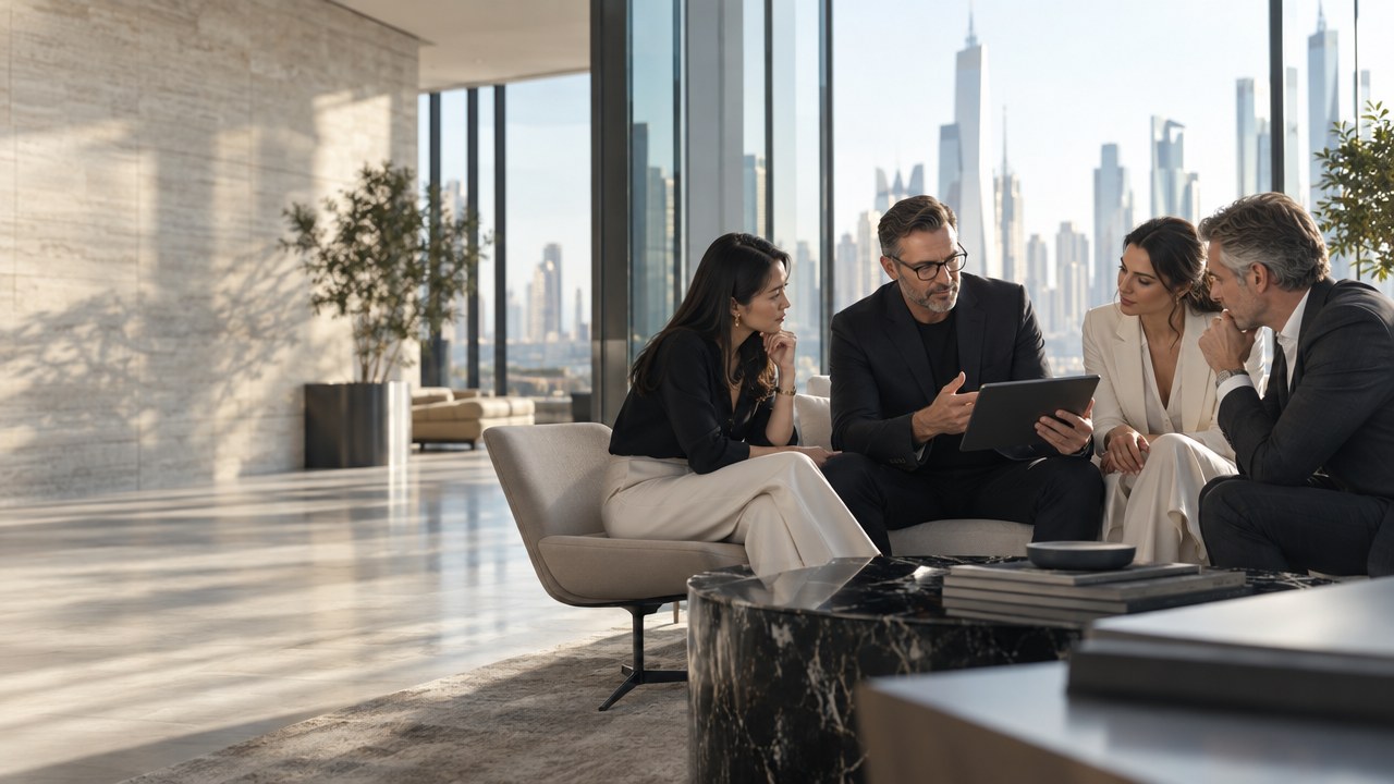 Four senior business people around a tablet in a contemporary office, a city skyline behind them