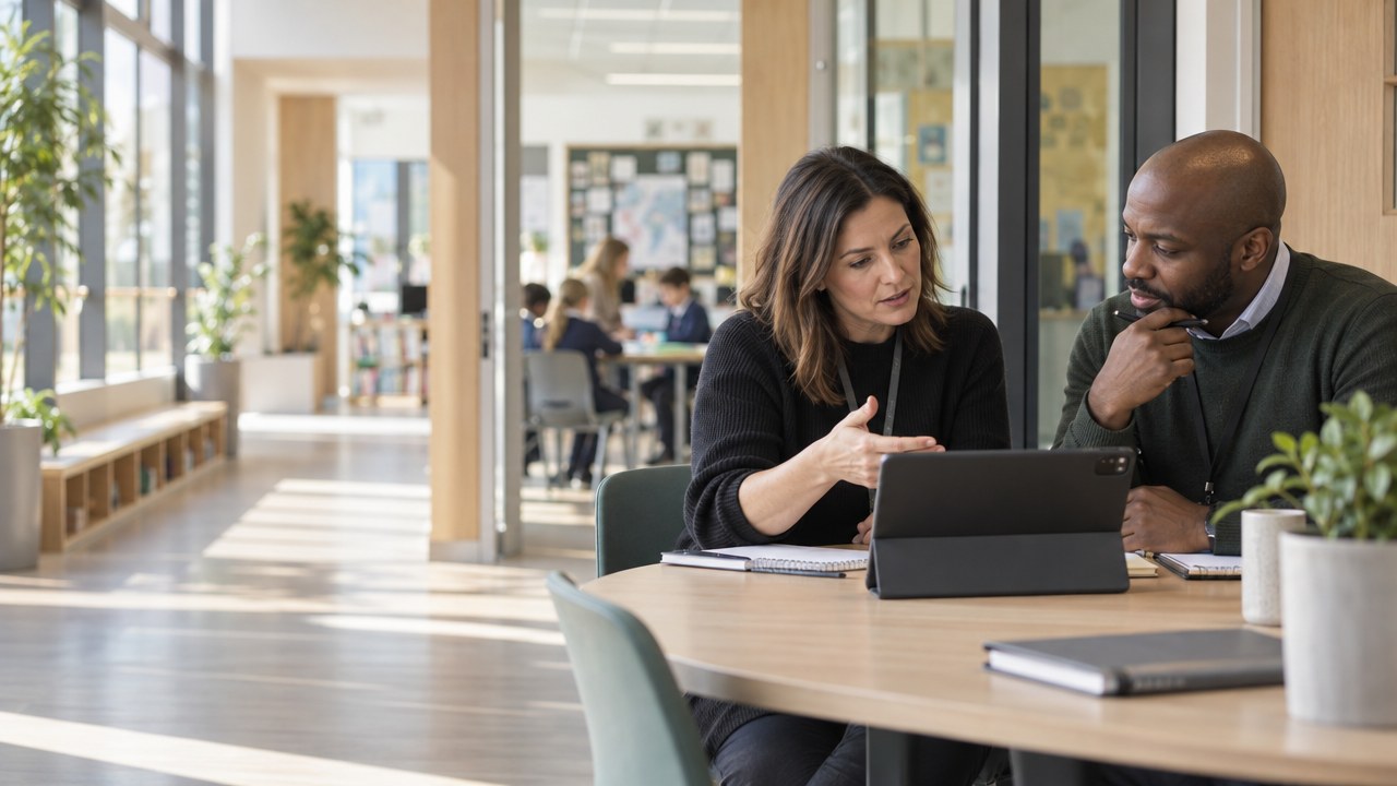 Two school leaders talking over a tablet in a bright school, pupils working at a table behind them