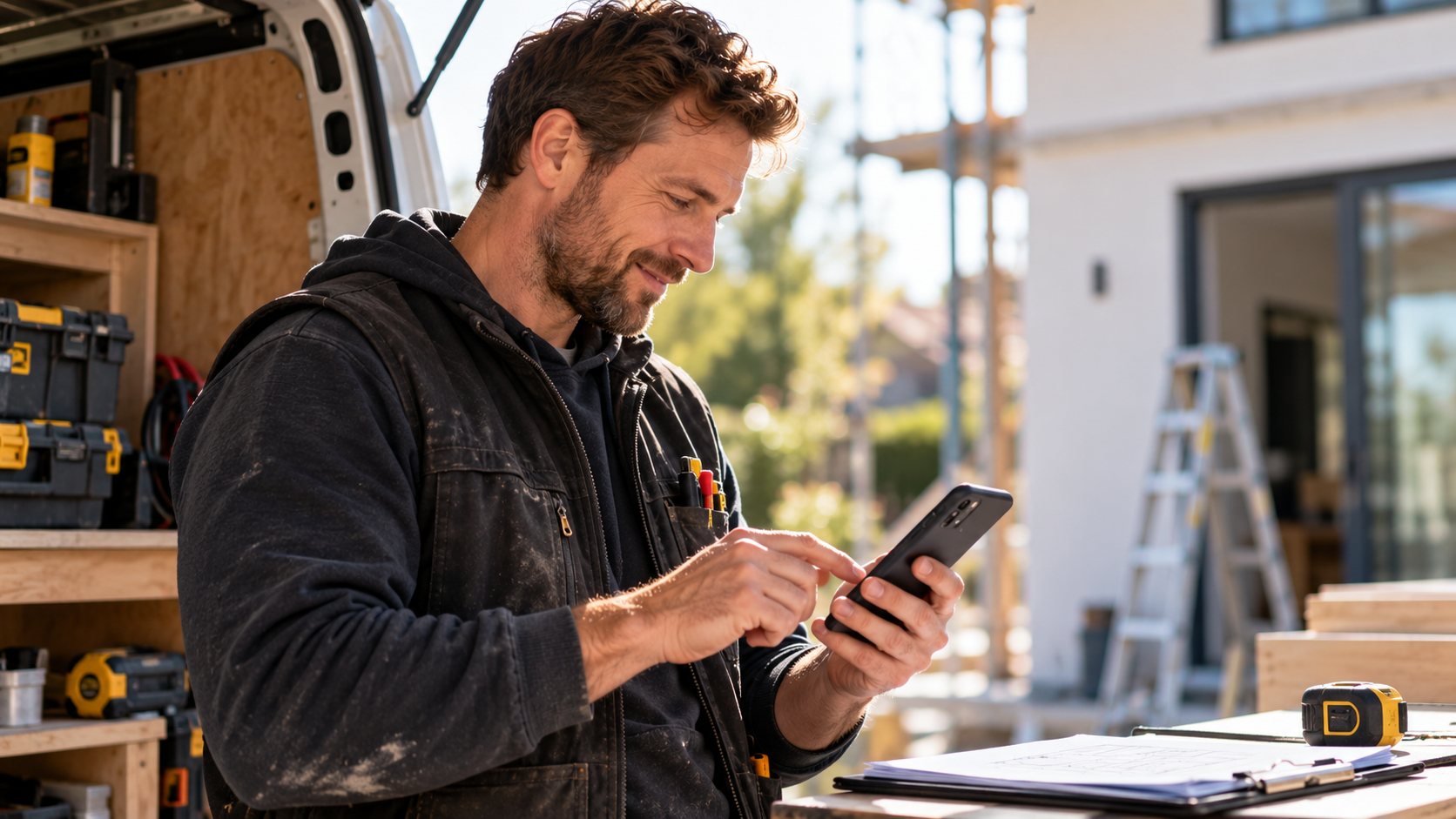 A tradesperson by his van on a building site, smiling as he checks his phone