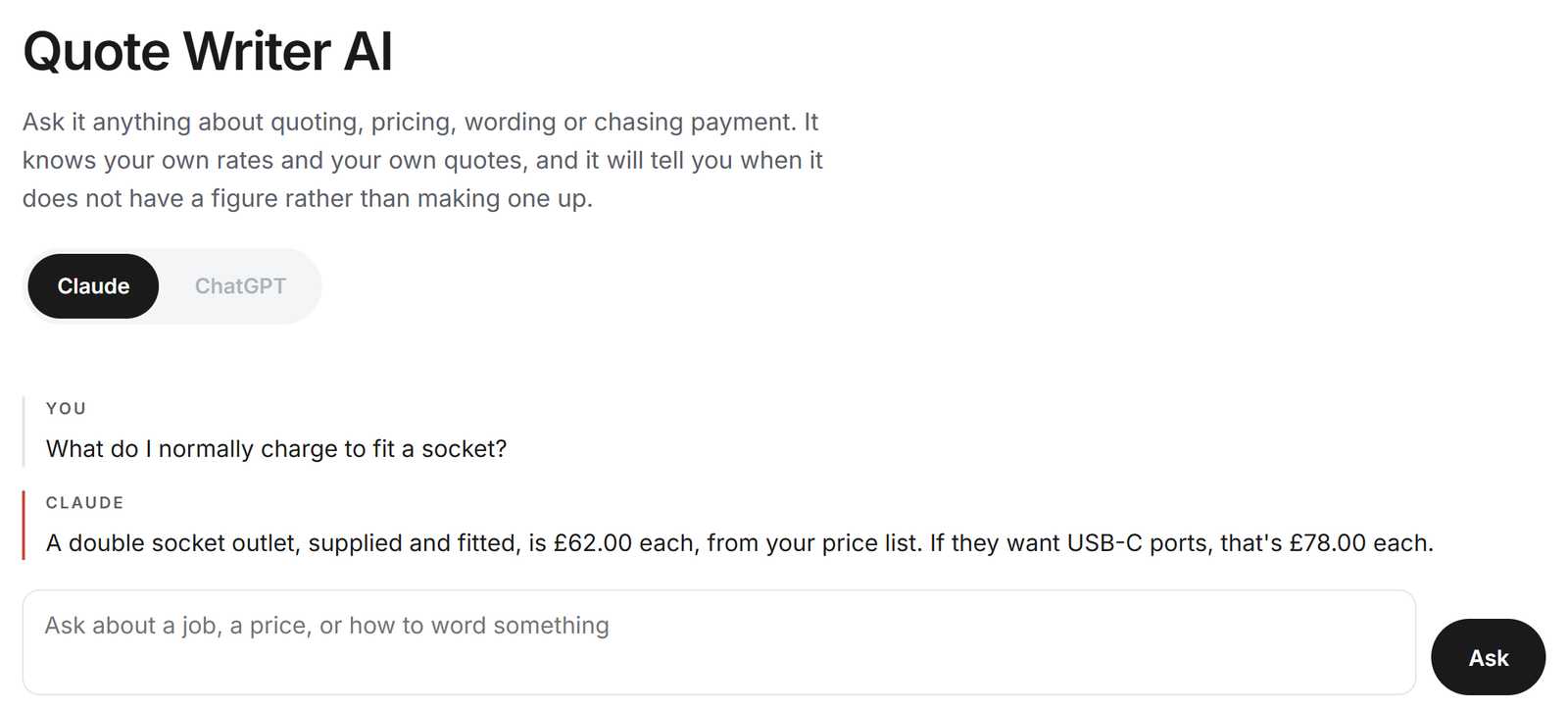 Quote Writer AI answering the question what do I normally charge to fit a socket with the two rates from the trade's own price list