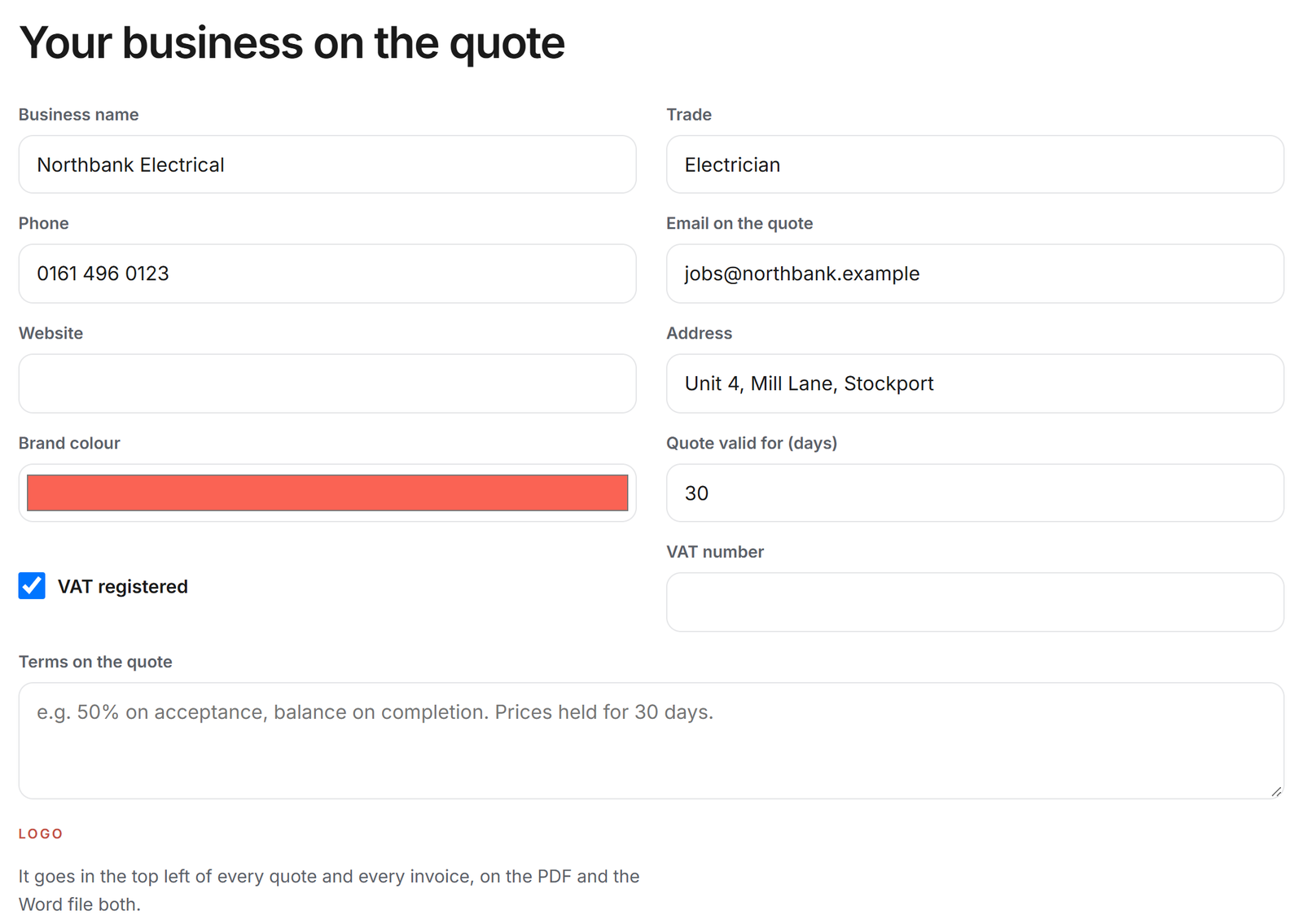 Quote Writer AI settings: the business name, trade, phone, email, address and brand colour that go on every quote, with VAT and the logo
