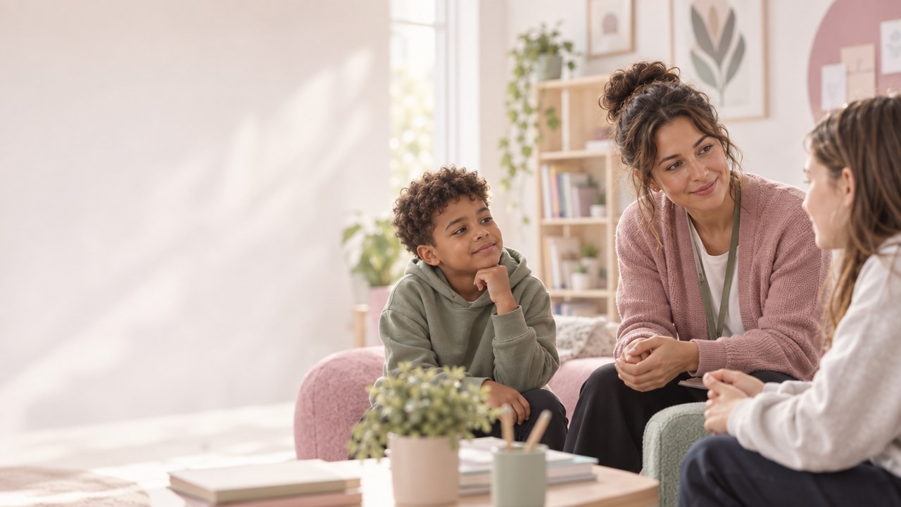 A member of staff sitting alongside two young people in a bright, calm room, listening as one of them speaks