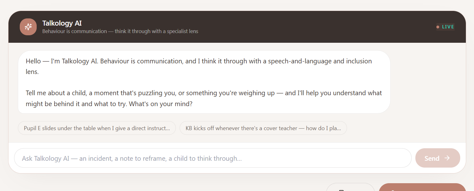 Talkology AI open in the product, inviting the user to describe an incident, a note to reframe or a child to think through