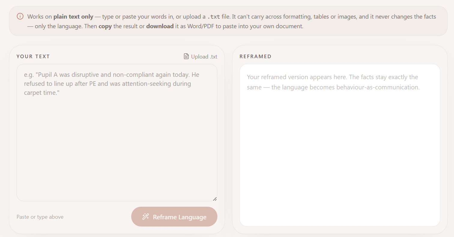 The Talkology Language Reframer, with a behaviour note pasted on the left and the reframed version on the right